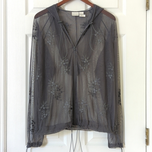 Newport News Tops - Newport News Y2K Vintage Sheer Floral Embroidered Mesh Zip Up Hoodie Gray Large